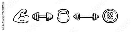 Collection of hand-drawn gym and fitness icons including a flexing bicep, dumbbell, kettlebell, barbell, and 20kg weight plate. Sketch style black and white vector illustration.