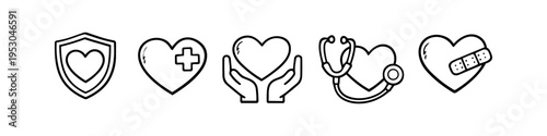 Set of minimalist hand-drawn heart health icons featuring a medical cross, shield, hands, stethoscope, and bandage. Ideal for healthcare, insurance, and medical design projects.