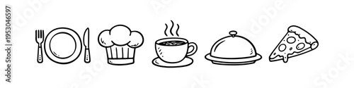 Collection of hand-drawn restaurant and food doodle icons featuring a pizza slice, chef hat, coffee cup, serving tray, and cutlery set. Minimalist black and white vector sketch elements.