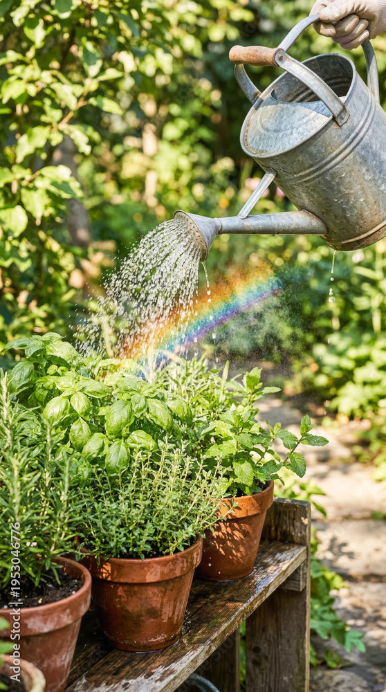 Naklejka premium Watering potted plants outdoors with a rainbow in the garden.generative AI