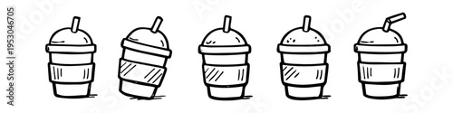 Minimalist set of five hand-drawn doodle-style disposable beverage cups with straws and sleeves, ideal for coffee, smoothies, or shakes, isolated on a white background.