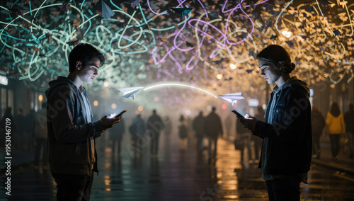 Photorealistic Image of Two People Standing Apart Using Smartphones with Glowing Paper Airplanes Flying Between Them to Symbolize Digital Communication