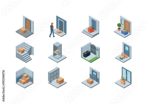 Isometric delivery and doorstep service icons showing various package drop-off scenarios