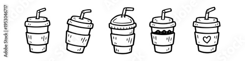 Set of hand-drawn doodle coffee cups with lids, straws, and sleeves. Minimalist black and white line art illustrations of takeaway beverage containers isolated on white background.