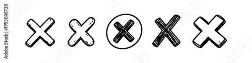 Set of five hand-drawn cross marks and X symbols in various sketching styles. Includes a circled version, perfect for UI/UX design, error indicators, and rejection icons.