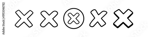 Set of black and white cross marks and X icons in various graphic styles, including circled and 3D versions. Minimalist vector elements for UI design, rejection symbols, and math icons.