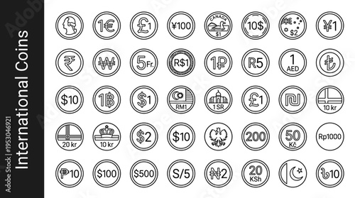 Collection of international currency coins and symbols in a clean outline design