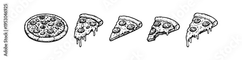 Set of hand-drawn pepperoni pizza illustrations including a whole pie and various slices. Vintage engraving style vector art isolated on a white background. Perfect for menu design.