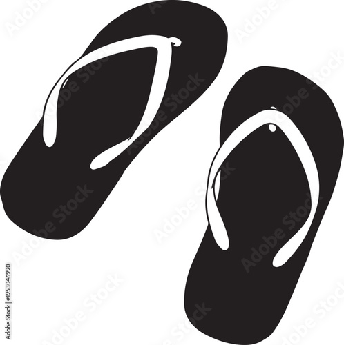 Black flip flops with white straps on a white background