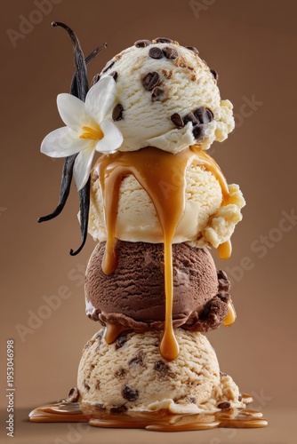 Ice cream stack with chocolate chips, caramel sauce, and vanilla flower on a brown background in a simple setting