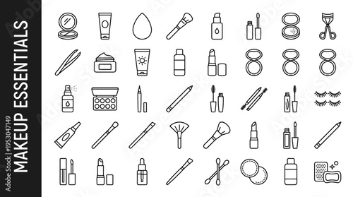 Collection of essential makeup and beauty product icons in a clean line art style