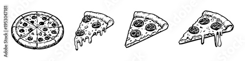 Set of hand-drawn pizza and slices in a vintage ink sketch style. Black and white vector illustration of pepperoni pizza with melting cheese isolated on white background.
