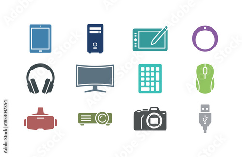 Touchscreen gadget, desktop tower PC, digital slate pad, smart ring wearable, noise cancel headphones, curved monitor display,