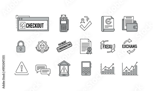 Digital checkout window, card processing terminal, peer to peer transfer mark, app based wallet symbol, online invoice file,
