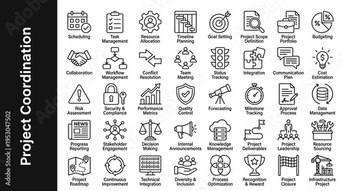 Project management icons set for business planning and coordination