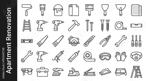 Collection of home renovation and repair tools in a clean line art style