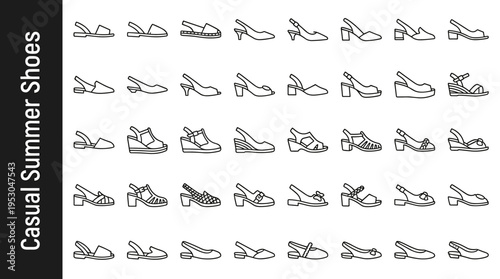 Collection of casual summer shoe styles for women, presented as line art icons