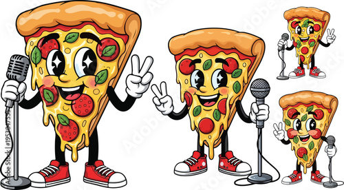 Adorable cartoon pizza slice mascot character singing with a retro microphone stand, making a peace sign, expressing happiness and joy on transparent background. on transparent background