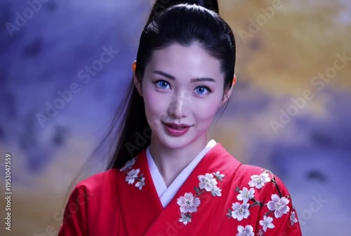 Elegant Japanese woman in traditional red kimono with cherry blossom embroidery