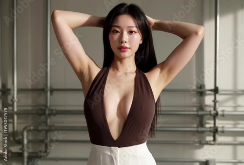 Elegant Woman Poses with Hands Behind Head in Studio Lighting