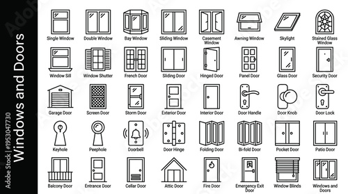 Collection of line art icons representing various types of windows and doors for architectural design