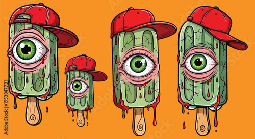 Creepy melting green popsicles featuring a large, vibrant green eye and a stylish red baseball cap, creating a unique summer treat on transparent background. on transparent background