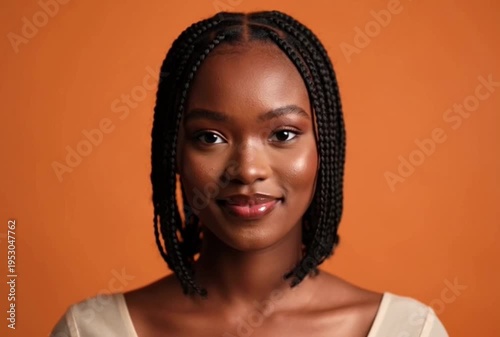Young Black Woman with Braids Smiling Confidently Against Orange Background