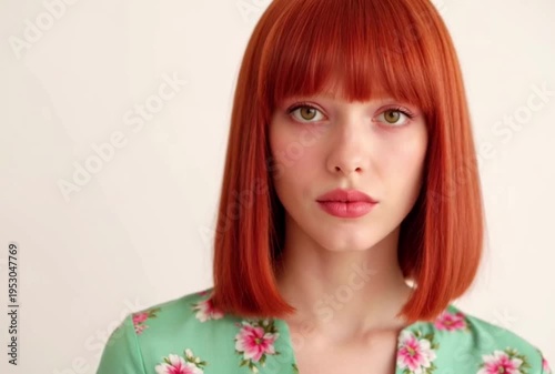 Young woman with vibrant red hair and floral dress looking thoughtfully aside
