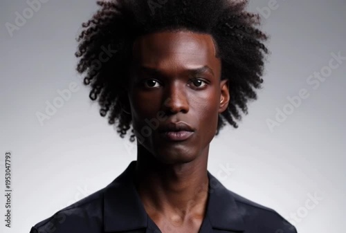 Close-up portrait of a Black man with afro hair and a dark jacket