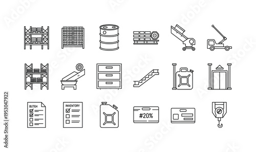 Distribution center rack system, shrink wrapped pallet load, storage drum barrel, order picker machine, sorting chute slide, parts