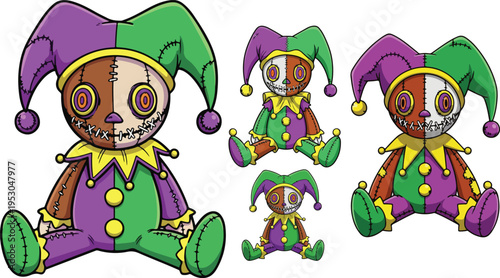 A collection of unsettling jester-inspired voodoo dolls with stitched faces and colorful patchwork clothing in various sizes on transparent background. on transparent background