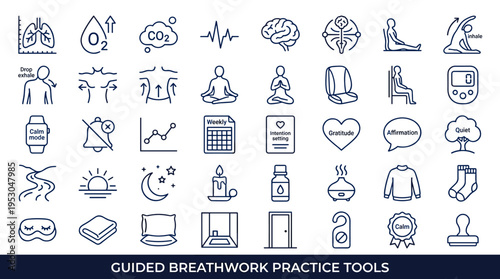 Collection of icons representing tools and concepts for guided breathwork practice