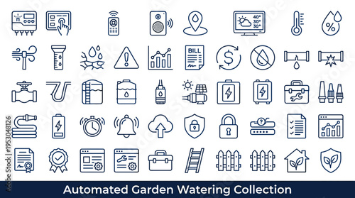 Automated garden watering system icons collection for smart home and agriculture