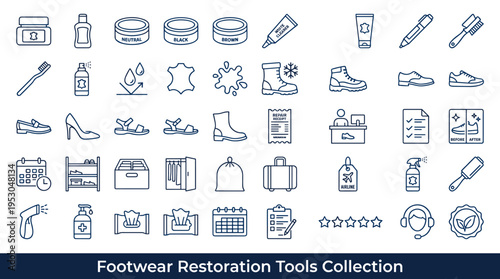 Collection of footwear care and restoration icons for shoe maintenance and repair services