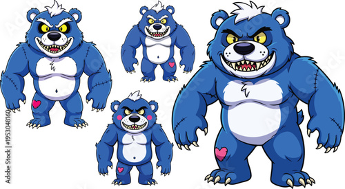 Collection of aggressive blue teddy bear character designs showcasing various sizes and menacing expressions on transparent background