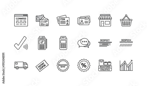 E commerce platform window, item catalog cards, merchant profile storefront, checkout basket icon, transaction gateway mark,
