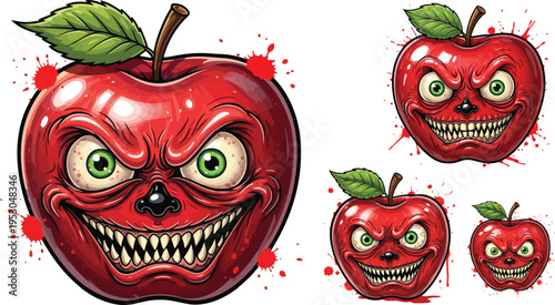 Set of stylized wicked red apple illustrations featuring menacing faces sharp teeth and aggressive expressions on transparent background