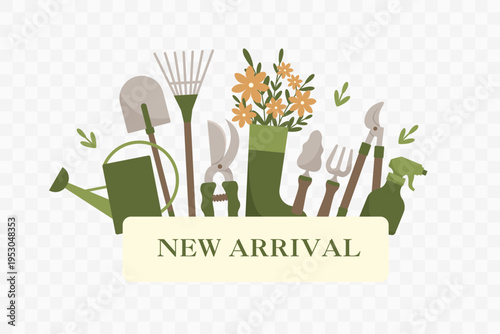 New arrival gardening banner with tools, flowers and plant elements in flat style. Clean green composition with watering can, rake and pruner, suitable for retail promotion, branding and design use.