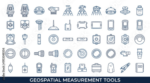 Collection of geospatial measurement tools and surveying equipment icons in a clean line art style