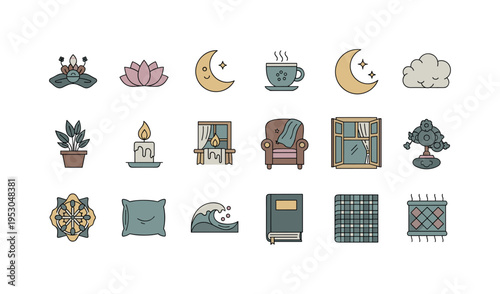 Meditation lotus, steaming tea cup, crescent moon, fluffy cloud, candle flame, cozy armchair, potted plant, open window, soft