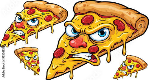 Collection of menacing angry pepperoni pizza slices cartoon mascot illustrations with dripping cheese on transparent background