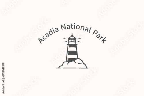 Acadia national park text and lighthouse image, vector illustration