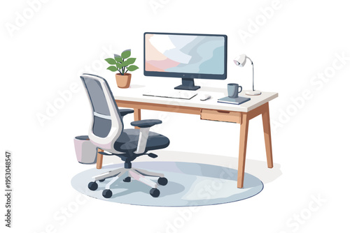 Home monitor desk icon ergonomic simple generation setup office vector soft shadow image