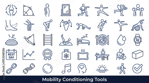 Collection of icons representing mobility, conditioning, and physical therapy tools and exercises