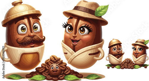 Adorable and charming anthropomorphic coffee bean characters dressed in vintage attire sitting in tiny cups on transparent background