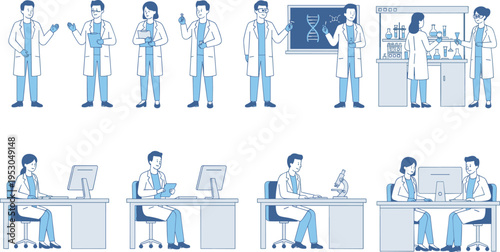 Flat vector illustration set of scientists and doctors working in a laboratory, conducting research with microscopes, analyzing DNA, and collaborating in a medical clinic.