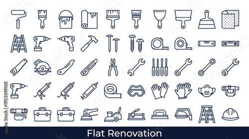 Collection of flat design icons representing tools for home renovation and construction projects