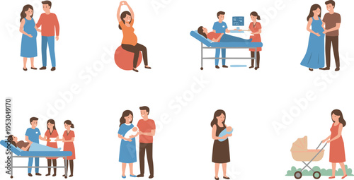 Set of maternity care illustrations featuring pregnancy stages prenatal checkups hospital birth and newborn care vector.