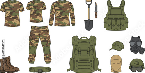 Flat vector illustration set of military tactical gear featuring camouflage clothing, backpack, combat boots, gas mask, helmet, and survival equipment for army and outdoor adventure.