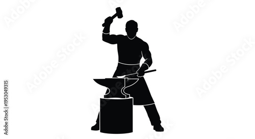Blacksmith vector icon, silhouette of man working at anvil